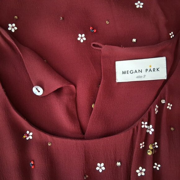 Megan Park Silk Hand Painted Beaded Burgundy Midi Dress Indian Artisan Work 2 - Picture 6 of 10